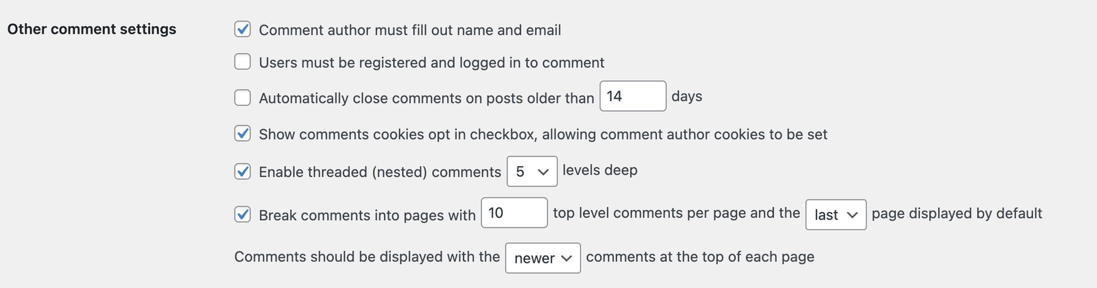 Comment Settings page